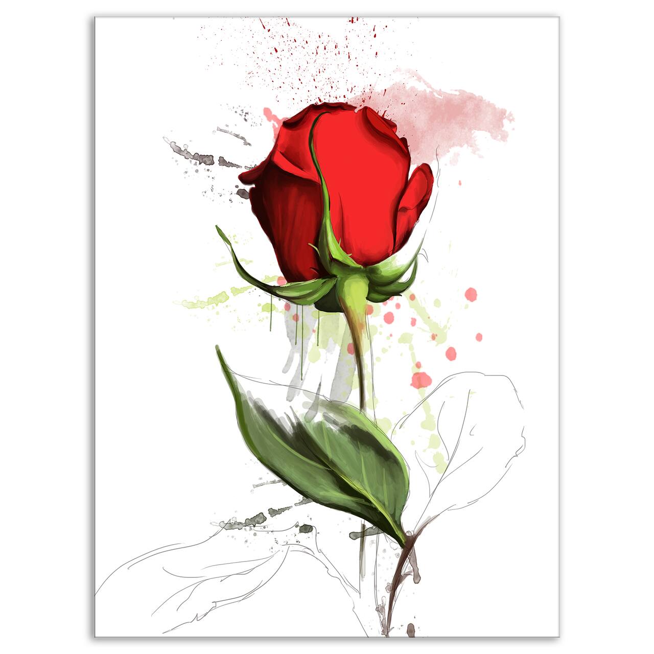 Designart - Red Rose Hand drawn - Floral Canvas Art Print